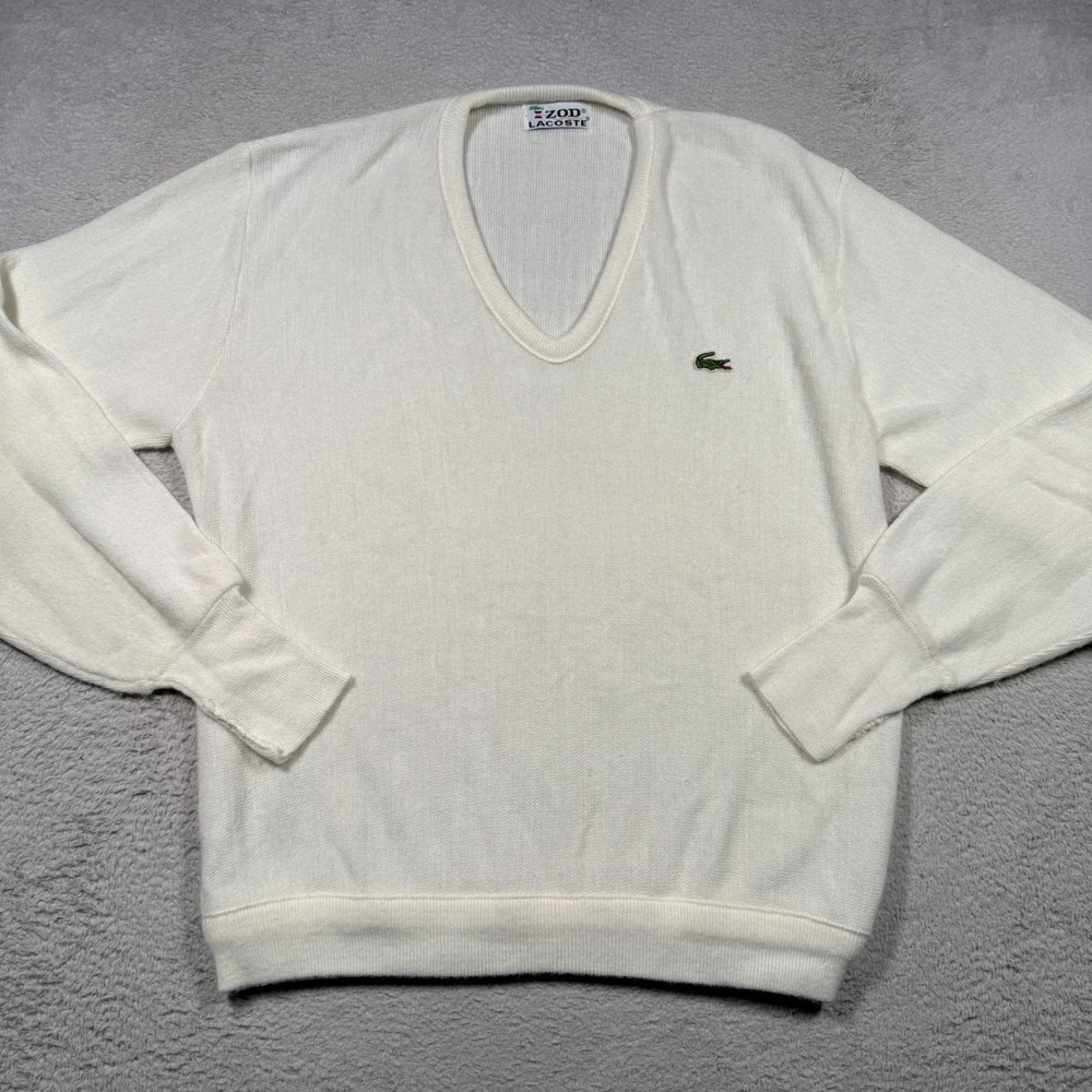 Vintage 80s Izod Lacoste V-Neck Sweater Mens L Off White Knit USA Union Made